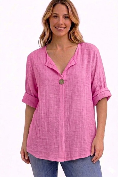 AYASOFYA OTANTIK Γυναικεία Ιταλική μπλούζα με κουμπιά ροζ λεπτομέρειας 3/4 μα...