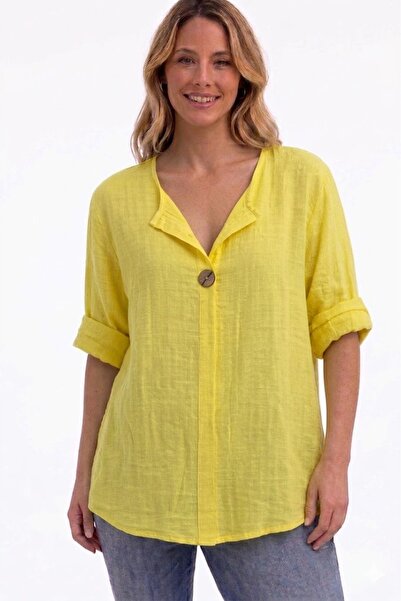 AYASOFYA OTANTIK Γυναικεία Ιταλική Μπλούζα με Κίτρινα Κουμπιά Λεπτομερής Λεπτ...