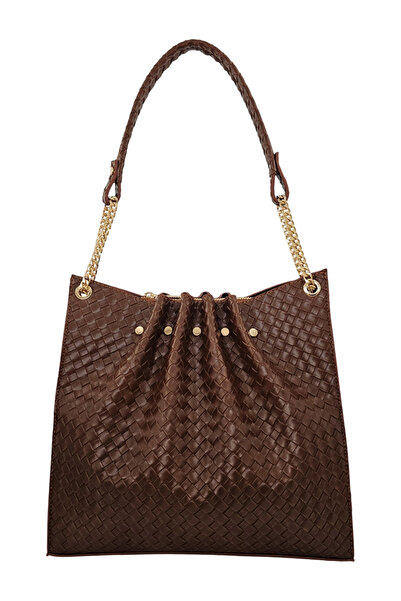 Evident Tan Knitted Patterned Chain Detailed Pleated Women's Shoulder Bag
