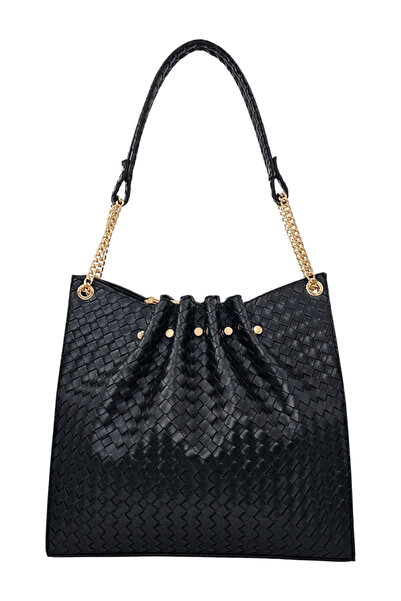 Evident Black Knitted Patterned Chain Detailed Pleated Women's Shoulder Bag