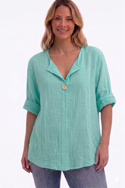 AYASOFYA OTANTIK Γυναικεία Ιταλική Μπλούζα με Πράσινο Κουμπί, Λεπτομερής Λεπτ...