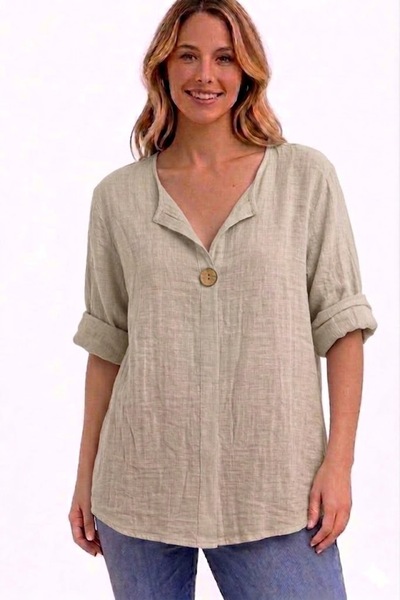 AYASOFYA OTANTIK Γυναικείο ιταλικό μπεζ κουμπί με λεπτομέρεια 3/4 μανίκι Over...