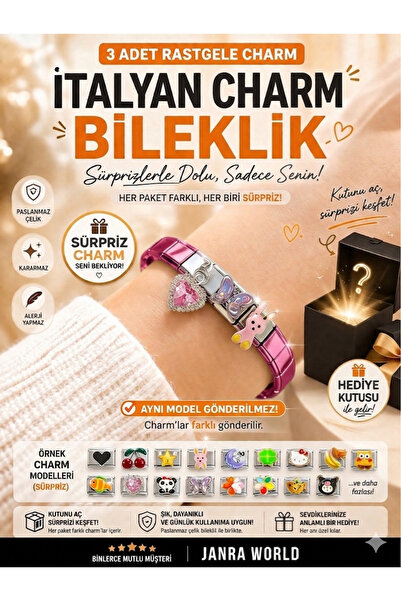 JANRA WORLD 3 Adet Rastgele Charm + İtalyan Charm Bileklik Seti | Sürpriz Hed...