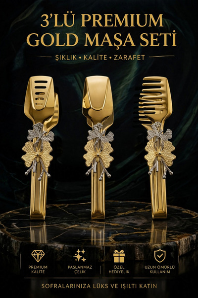 Ogeda Home Kelebekli Gold Şık Servis Sunum Takımı Titanyum Kaplama 3'lü Maşa ...