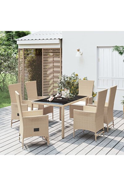vidaxl 7-piece garden table set with cushions, beige, polyrattan