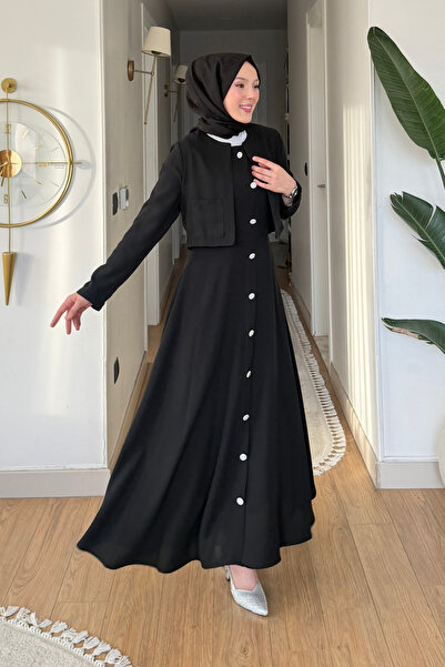 Tesettür Diyarı Γυναικείο φόρεμα από ύφασμα κρεπ με σακάκι - Μαύρο