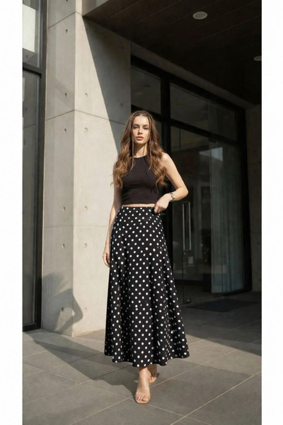 EYYE Μαύρη Πουά Γυναικεία Μακριά Φούστα με Σούρες