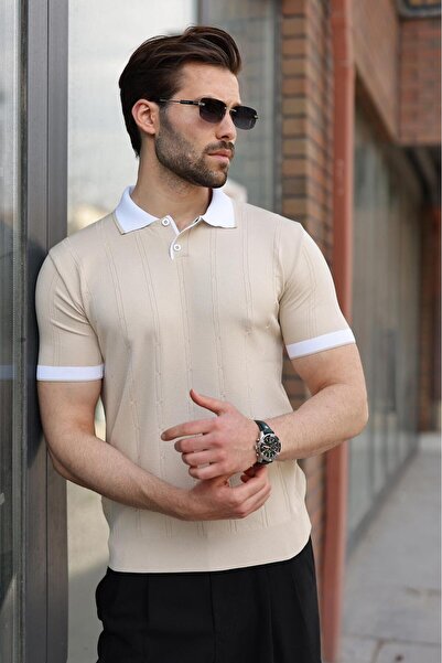 Madmext Ανδρικό πλεκτό μπλουζάκι με λαιμόκοψη πόλο σε χρώμα πέτρας E7470