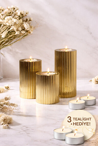 PRİME HOME 3 Lü Gold Krom Tırtıklı Yüzey Mumluk Dekoratif  Tealight Set Mum A...