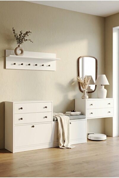 FOR WOMAN DESİGN Ahşap Antre Portmanto Seti 4 Çekmeceli Ve Askılı Modern Beya...