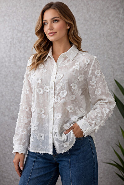 TUGBA COLLECTION NAKIŞ İŞLEMELİ 3D ÇİÇEK DESENLİ %100 PAMUK ŞIK & ZARİF GÖMLEK