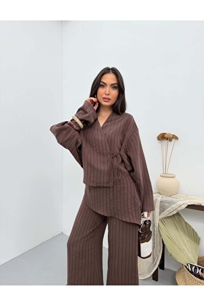 Lavanta Tekstil Σετ παντελονιού κιμονό με λεπτομέρεια δεσίματος μπροστά και ρ...