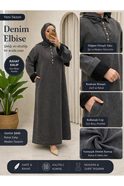 İLGEN FASHİON OVERSİZE YARIM PAT DÜĞMELİ KOT ELBİSE