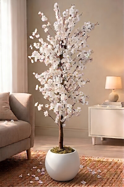 Cihan Çiçekçilik Yapay Beyaz Bahar Dalı Ağacı 200cm - 27x33 cm Küre Saksılı