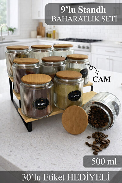 naturelove 9'lu Bambu Stantlı Bambu Ahşap Vakumlu Kapaklı Cam Baharatlık Düze...