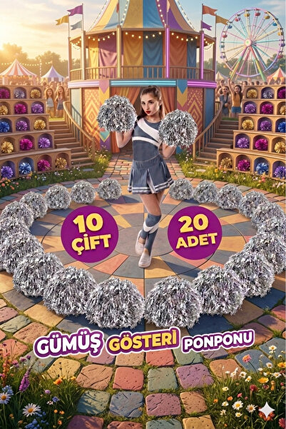 StoreYVZ Ponpon Gösteri Ponponları 10 Çift (20 Adet) Gümüş Renk 23 Nisan 19 M...