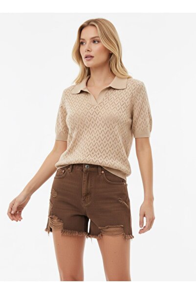 Noi Belis Πλεκτή μπλούζα με κοντό μανίκι και τρύπες στο γιακά πόλο SS26BZ0029