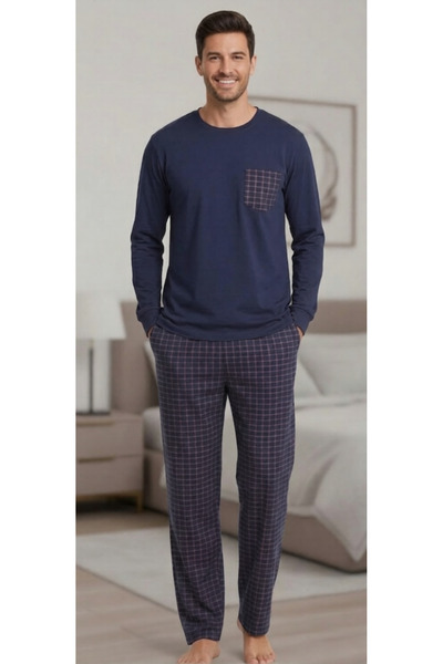 Duzor Bayram Men's Pajama Set Plaid Pieces Pocketed 100% Cotton Comfortable C...