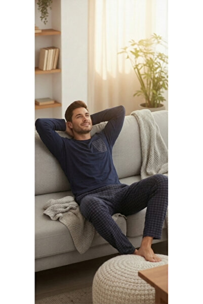 Duzor Bayram Erkek Pijama Takımı ekoseli cepli 100% Pamuk Rahat Kesim Kısa Kollu Uyku Seti,Çeyizlik