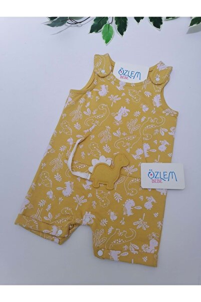 ÖZLEM BEBE Dinosaur Patterned Mustard Shorts Jumpsuit Mustard