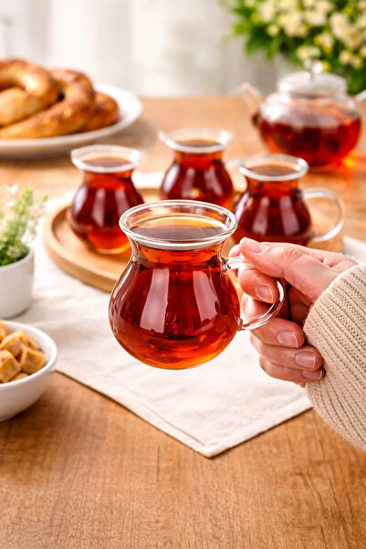 ARVALE 6'lı Keyfi Ala Borosilikat Cam Kulplu Çay Bardağı , Ateşe Temas Edebil...