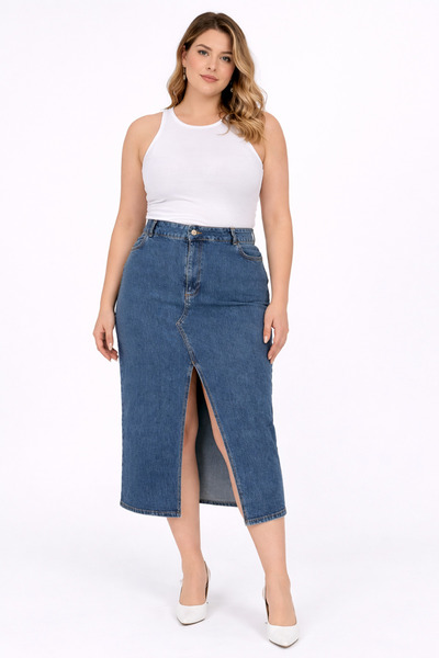 Şans Μπλε Navy Large Size Τζιν φούστα με σκισίματα - 5 τσέπες 65N38096