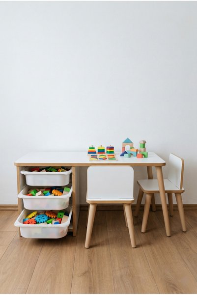 POFİTTO Çocuk Masa Sandalye Takımı 90x45 Cm 3 Sepetli Çocuk Çalışma Ve Aktivite Masası Yaz-sil,2 Sandalyeli