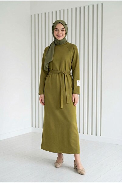 Amine Sleeve Label Detailed Dress-EU2400 Oil Green