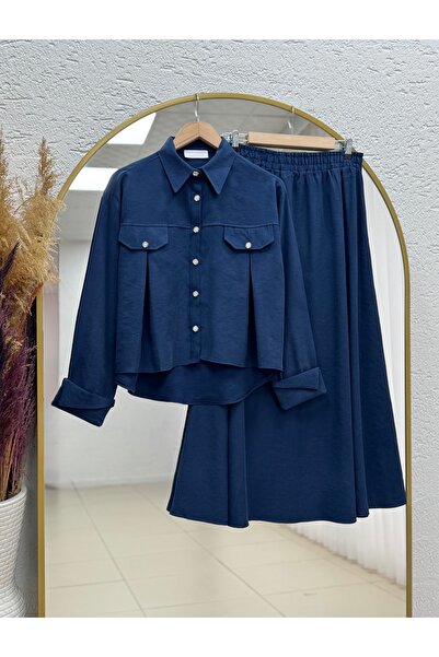 MİHRA STORE Ecem Κοστούμι με κουμπιά από χάντρες και φούστα με πιέτες - MF589...