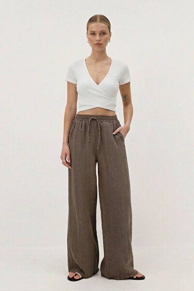 DIANNA Kadın Beli Lastikli Wide Leg Müslin Pantolon %100 Pamuk Geniş Bol Paça...