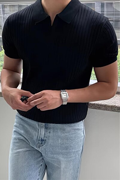 Oksit Lorens Çizgili Likralı Slim Fit Polo Yaka Örme Erkek Triko Tshirt