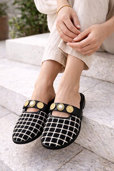 Slipcat İnci ve Gold T Με αγκράφα E Καρό D Με υφή Κομψές γυναικείες παντόφλες...