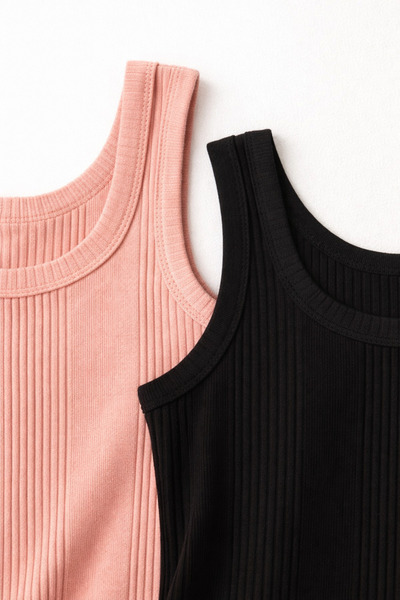 Demirsa Boutique Pamuklu Penye Kaşkorse Kumaş Kalın Askılı Oval Yaka Siyah ve Pudra Renk Kadın 2'li T-shirt Atlet