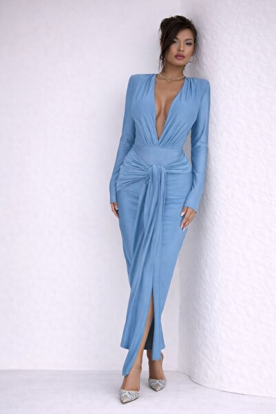 hipnoz butik Γυναικείο μακρύ φόρεμα με διαφορετική λεπτομέρεια στη μέση