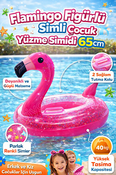 viyol marketim 65 cm Flamingo Figürlü Simli Çocuk Yüzme Simidi – Tutmalı Şişm...