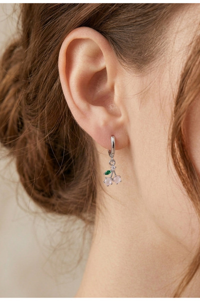 kurukafagift Pembe Kiraz Taşlı Gümüş Renk Mini Çift Küpe