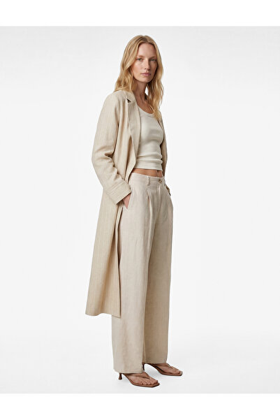 Koton Linen Blend Long Sleeve Pocketed Striped Double-Breasted Long Coat