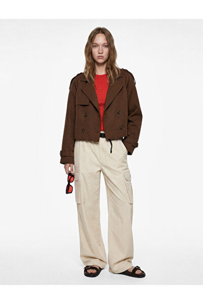 Koton Düğmeli Kruvaze Yaka Uzun Kollu Gabardin Crop Ceket