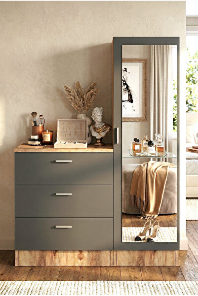 Yurudesign Nancy Aynalı Şifonyer Gardırop Çam-antrasit