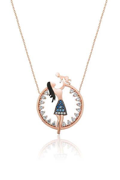 Papatya Silver 925 Ayar Gümüş Zirkon Taşlı Anne Çocuk Anne Bebek Kolye.rose.g...