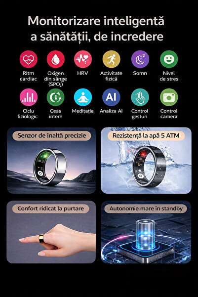 ViraProH Inel inteligent K3 Premium, Titan, Mărimea 8, AI, GPS, Monitorizare sănătate, 5 ATM, Argintiu, Unisex