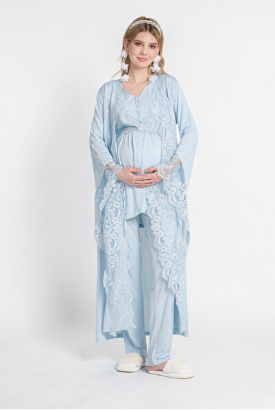 venera Hamile Pijama Takımı Dantel Detaylı Zarif 3 lü Lohusa Seti effortt