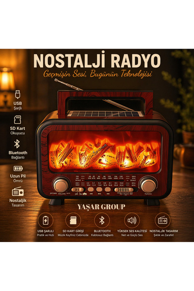 SUPER JVS Şömine Görünümlü Solar Güneş Enerji Ahşap Nostalji Bluetooth Usb Sd Kar Bluetotth Radyo Fm Müzik Çalar Büyük Boy