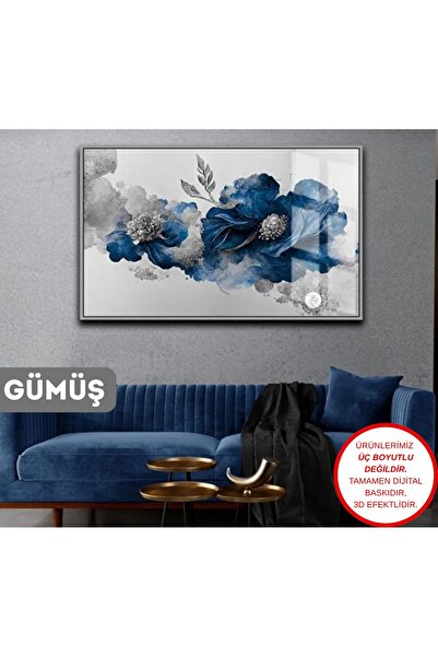 HARIKABIREV|BELOVED FLOWER TABLE 08 SILVER NAVY BLUE |FRAMED TEMPERED GLASS TABLE SINGLE HORIZONTAL