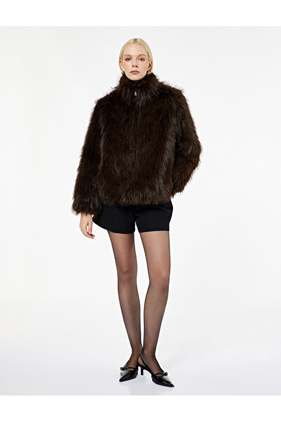 Koton Μακρυμάνικο με τσέπη με φερμουάρ ψηλός λαιμός Κοντό Faux παλτό με συνθε...