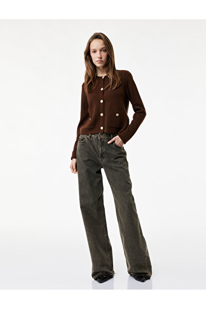 Koton Long Sleeve Pocketed Buttoned Crew Neck Knit Cardigan