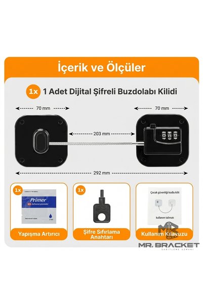 MR.BRACKET Şifreli Çelik Halatlı Yapışkanlı Çocuk Güvenlik Kilidi Siyah Pencere Cam Dolap Buzdolabı Kapak Kilit