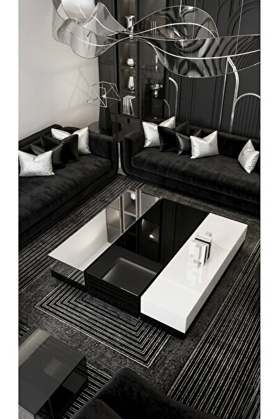 LUXURY VİLLA LUXURY GÜMÜŞ AYNALI SIYAH VE BEYAZ CAMLI TEKERLEKLI ORTA SEHPA 1...