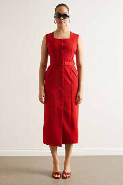 Swass Button Detailed Fabric Dress Red