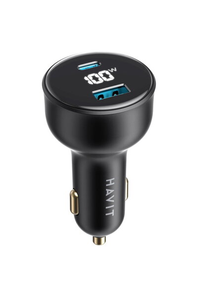 Havit Incarcator auto cu Display Digital CC100W, 1 USB-A, 1 USB-C, 100W, Negru